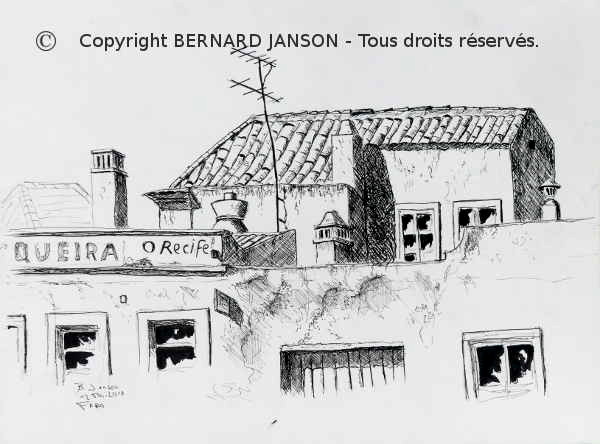 anciennes maisons typiques à Faro; dessin encre sur papier