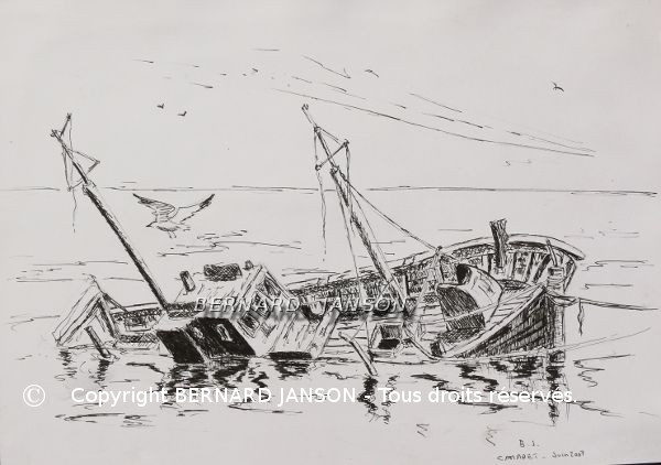 dessin épave de bateau à marée haute dans le port de camaret
