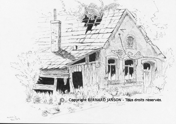dessin encre de chine noire; maison abandonnée dans la campagne du nord de la France
