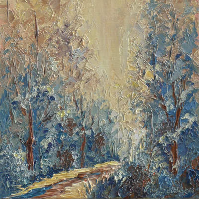 un de mes derniers tableaux de peinture artistique au couteau de style moderne affichant un matin calme sur un étang avec le reflet de la végétation