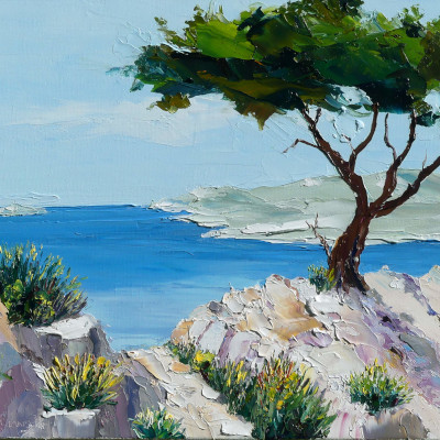 un de mes derniers tableaux de peinture artistique au couteau de style moderne affichant un paysage des alpilles en Provence