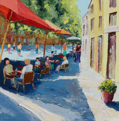 recent tableau de peinture artistique au couteau de style moderne affichant une scène de rue avec une terrasse de café