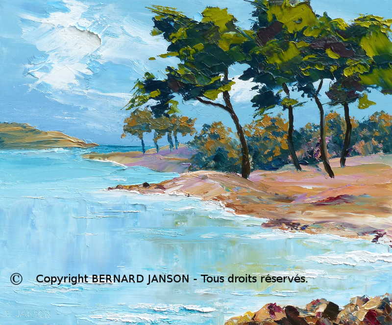 peinture contempotaine au couteau; un paysage de bord de mer avec des arbres