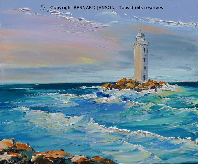 peinture artistique au couteau; un phare solitaire et majestueux au milieu de la mer