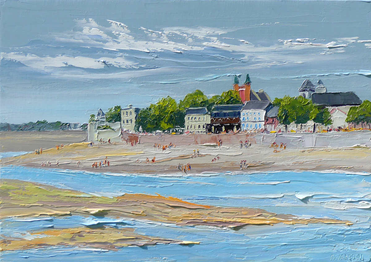 peinture artistique sur toile au couteau ; le port de Crotoy à marée basse avec des promeneurs sur les plages sableuses.