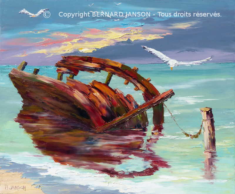 tableau de peinture au couteau; un vieux bateau de peche en bois avec des oiseaux de mer