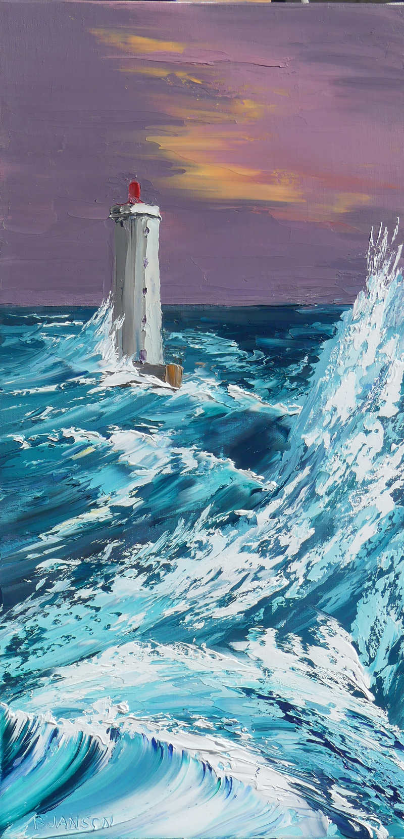 peinture au couteau; un phare au milieu de la tempete avec des vagues enormes
