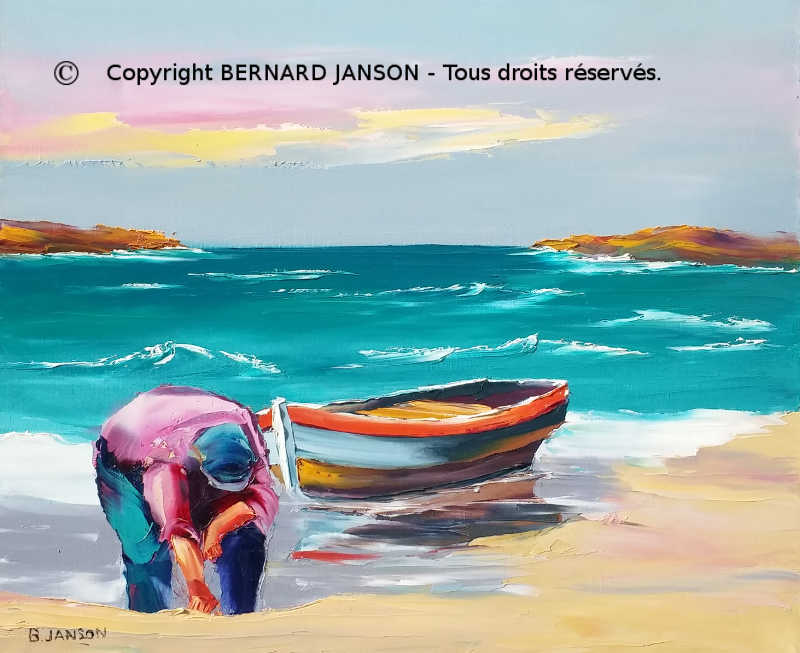 peinture moderne figurative au couteau; une scène de bord de mer avec une barque de peche