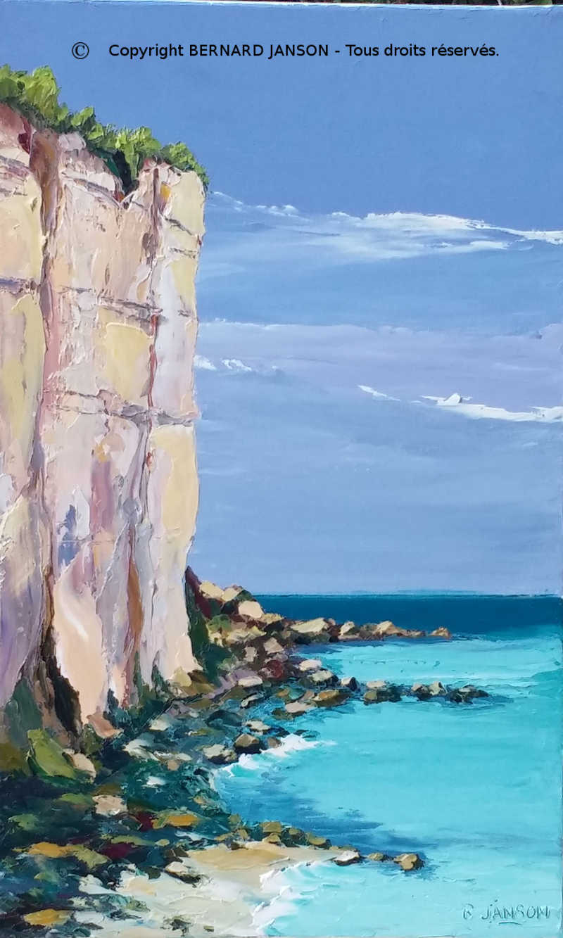 tableau de peinture moderne figurative au couteau; les falaises des grandes dalles en normandie