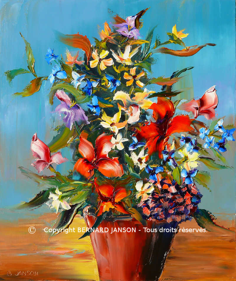 tableaux modernes de peintures huile au couteau bouquet de fleurs au vase rouge