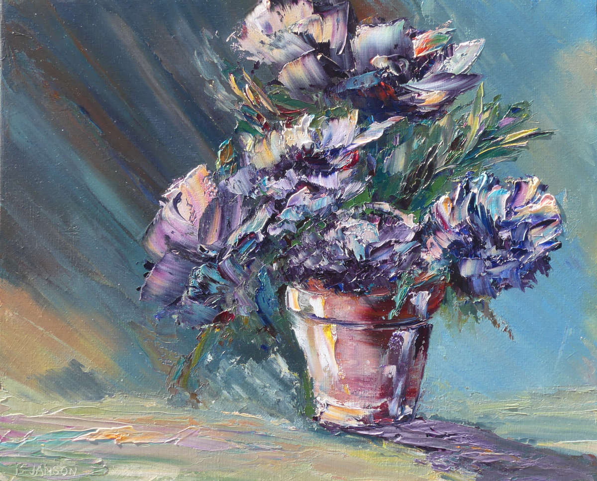 oeuvre d'art moderne; huile sur toile au couteau; bouquet de fleurs dans un pot de terre