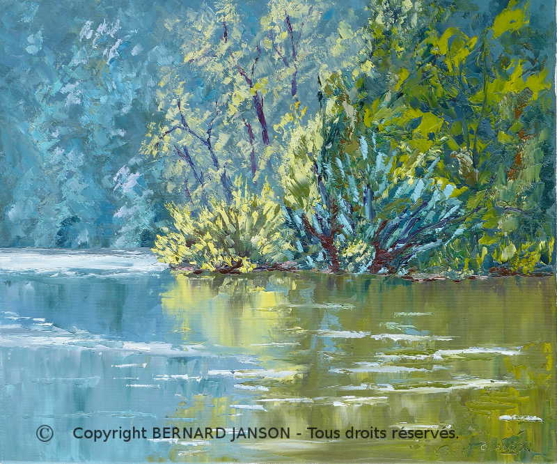 oeuvre artistique de peinture en huile sur toile au couteau montrant la luminosité du matin sur un étang avec les reflet de la végétation