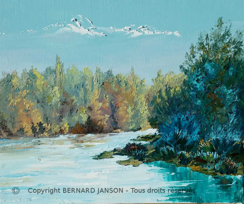 oeuvre artistique au couteau ; un matin d'automne ensoleillé au bord de l'étang avec un premier plan ombragé
