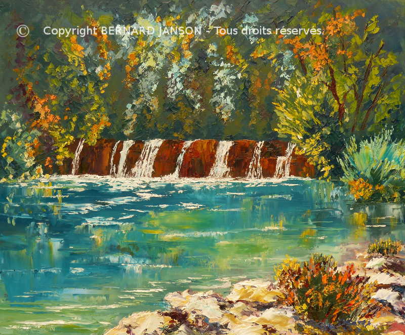 tableau de peinture au couteau ; les rives du Gapeau en été avec les frondaisons rafraichssantes et la clarté de 		l'eau qui descend de la cascade