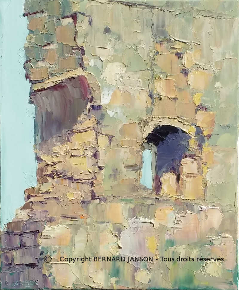 tableau de peinture au couteau ; les ruines du chateau médiéval de Domfront en Normandie