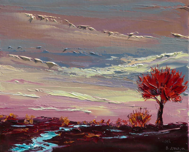 tableau de peinture au couteau; coucher de soleil sur une plaine