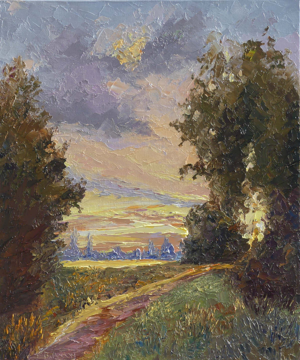 peinture moderne sur toile au couteau; un paysage de soleil couchant sur la plaine