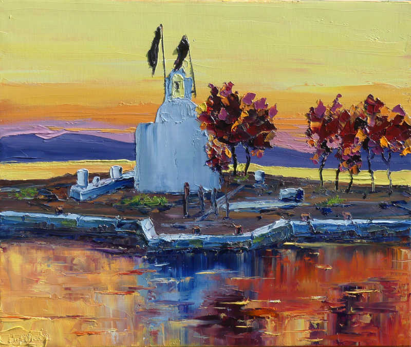 tableau contemporain au couteau; coucher de soleil sur l'ile de Naxos dans les Cyclades
