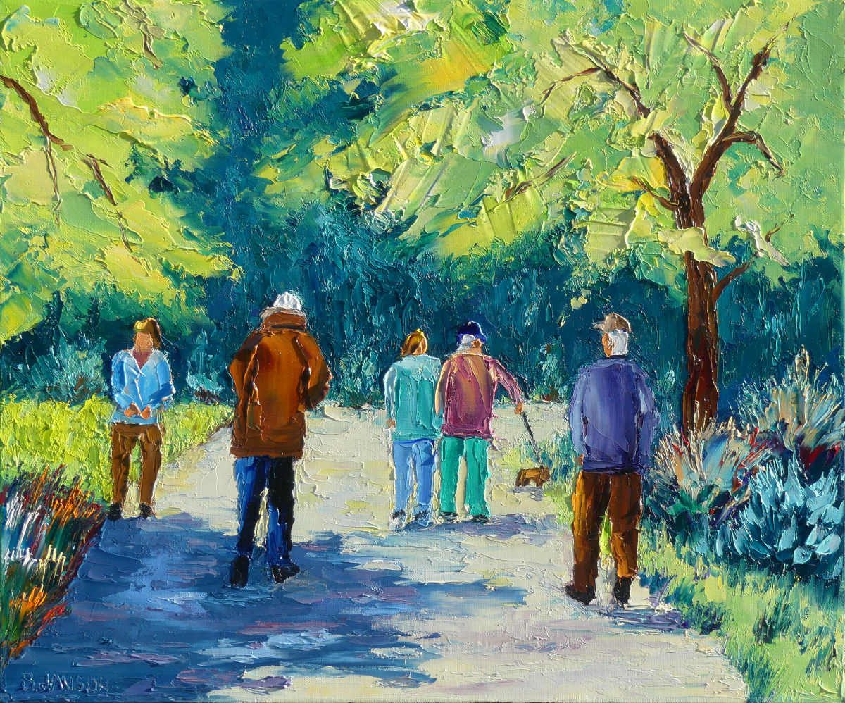 tableau moderne sur toile au couteau représentant un parc verdoyant avec des personnes qui se promènent