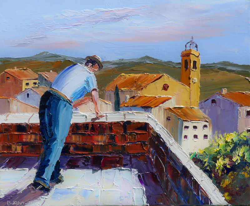 peinture moderne sur toile au couteau où l'on peut voir un personnage penché en avant et regardant un ancien village