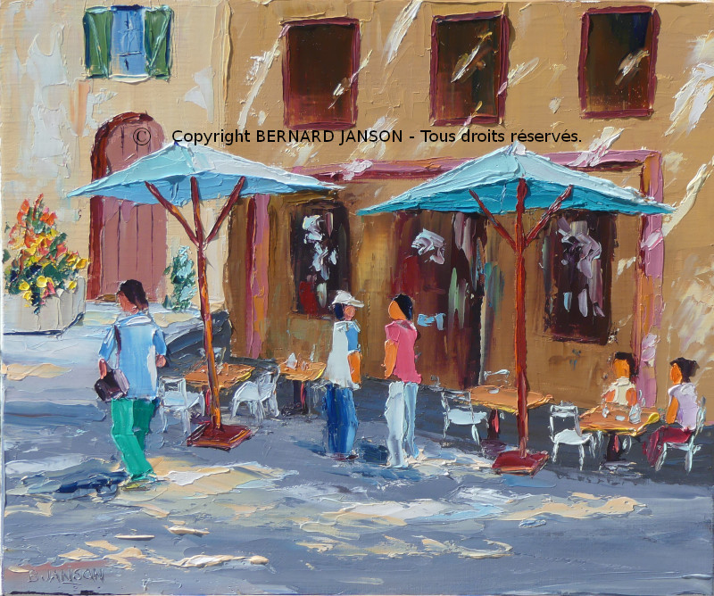 tableau contemporain de peinture à l'huile où l'on voit une terrasse de café avec des personnages
