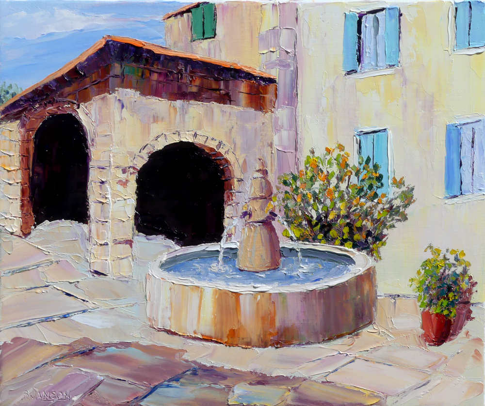 peinture au couteau; une fontaine dans le village de seguret en provence