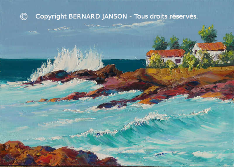 tableau peinture au couteau ; les vagues tumultueuses qui se jettent sur les rochers de lave des iles canaries contrastent avec les maisons au toit rouge.
