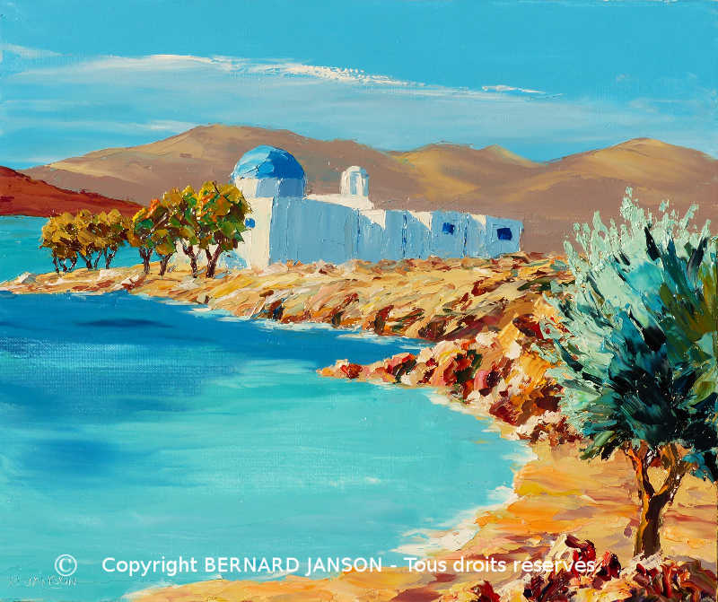 peinture à l'huile au couteau ; une ile grecque des Cyclades avec sa petite église au toit bleu