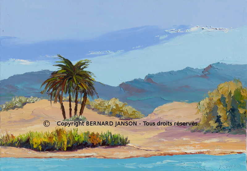 tableau en huile sur toile moderne au couteau ; paysage des iles canaries avec des palmiers et des dunes