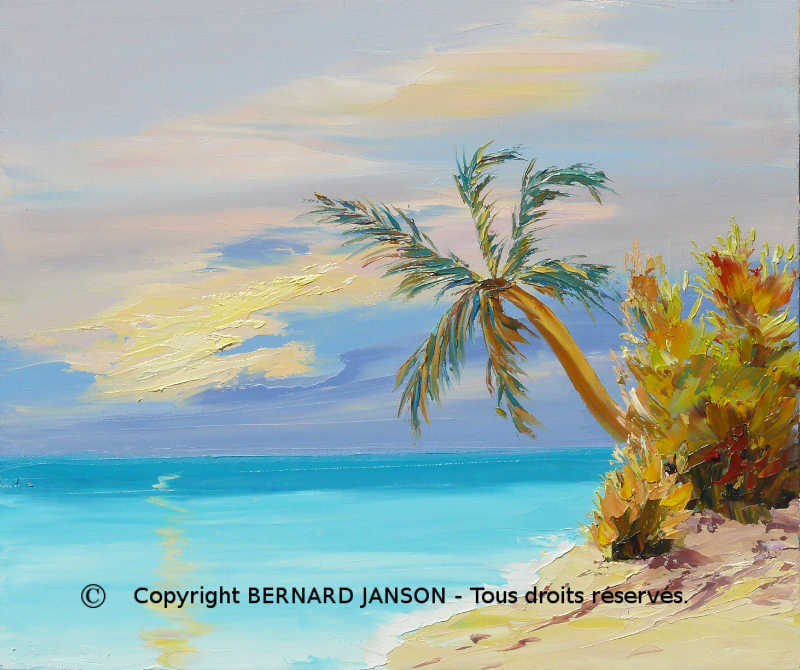 tableau de peinture au couteau paysage des maldives;on se croirait au paradis ciel bleu; cocotier; mer turquoise; sable blanc. 