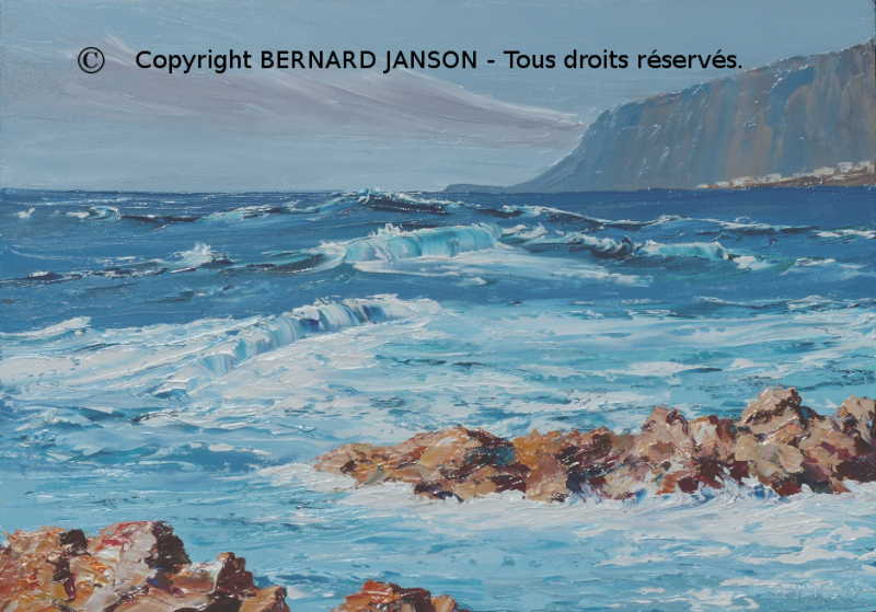 tableau peint à l'huile et au couteau ; la mer agitée à tenerife avec en arrière plan les falaises de Los Gigantes