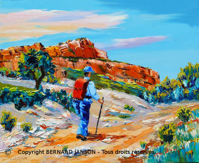 tableau paysage de la provence roquebrune avec un randonneur