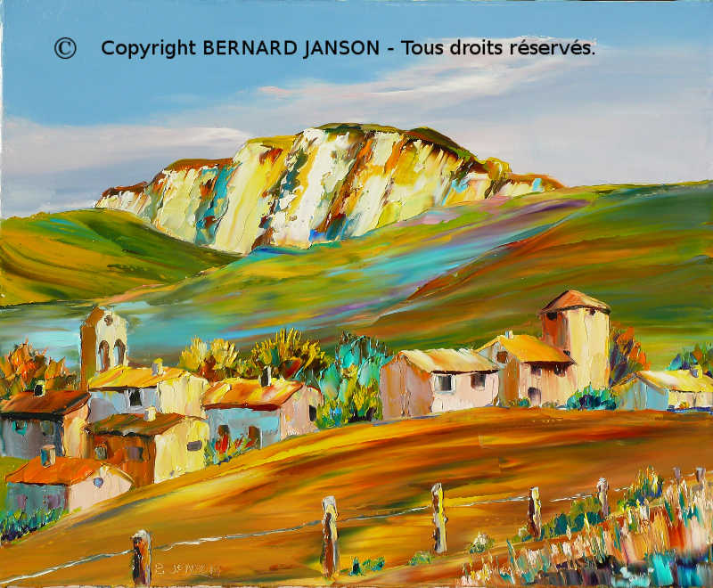 tableau de peinture d'un paysage de la haute provence avec un village typique