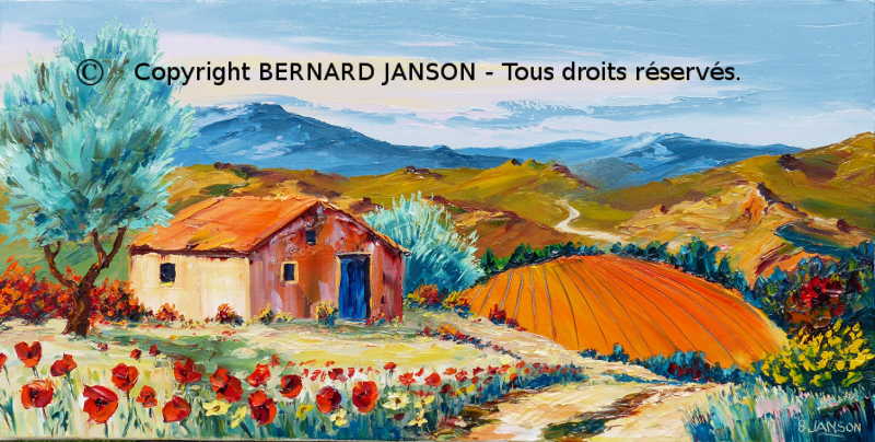 peinture au couteau; paysage de la  campagne provençale avec un cabanon