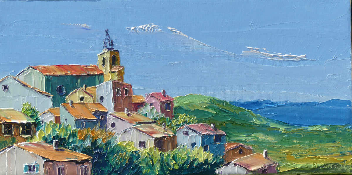 peinture au couteau; un village typique et pîttoresque de la provence avec une vue sur les toits colorés
