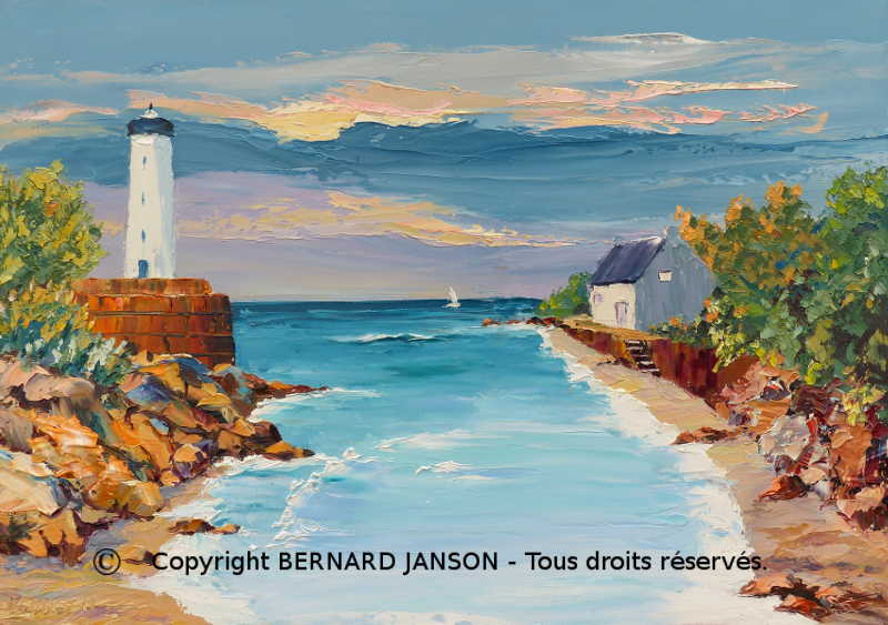 peinture au couteau; un rivage breton avec au loin un phare et un voilier