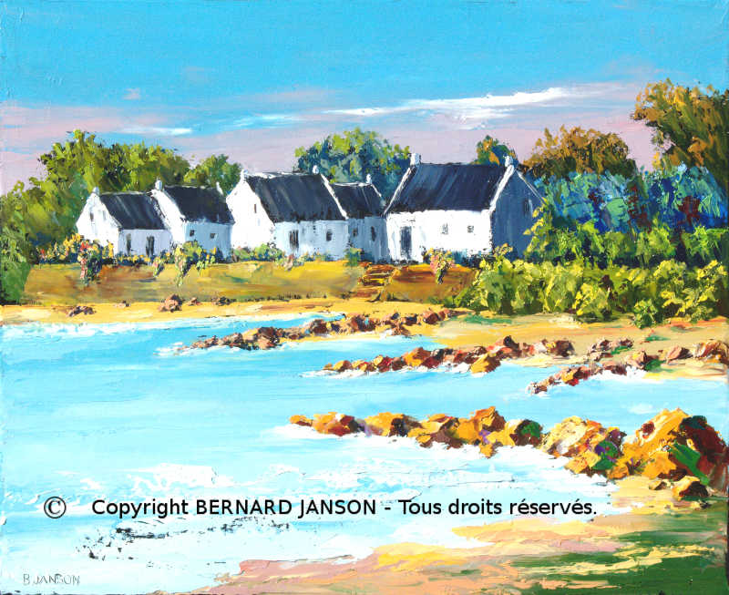 tableau sur la bretagne peint au couteau par Bernard JANSON; paysage remarquable avec bord de mer et petites maisons traditionnelles