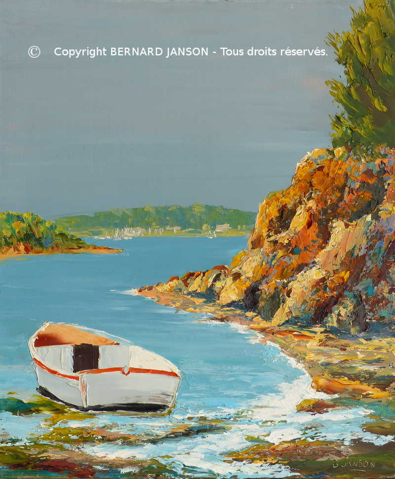 tableau au couteau peint par Bernard JANSON ; paysage de la bretagne dans le golfe du morbihan avec une barque traditionnelle de pecheur breton
