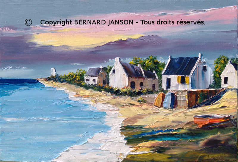 tableau peint au couteau par Bernard JANSON; une marine remarquable bretonne avec les maisons typiques et des barques de pecheurs
