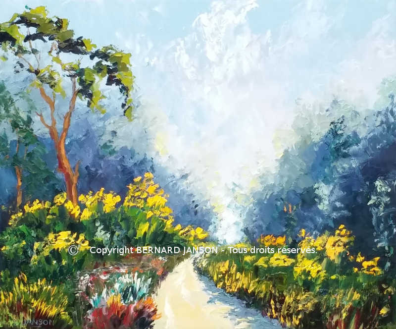 tableau artistique en huile sur toile au couteau qui montre un paysage avec un chemin dans la campagne