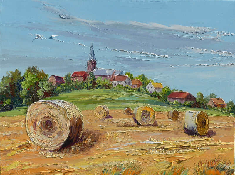 tableau de peinture artistique montrant un village de la campagne avec des meules de paille