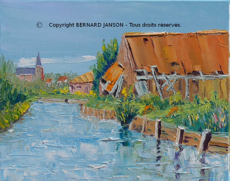 peinture de paysage des marais de saint omer avec les maisons au bord de l'eau