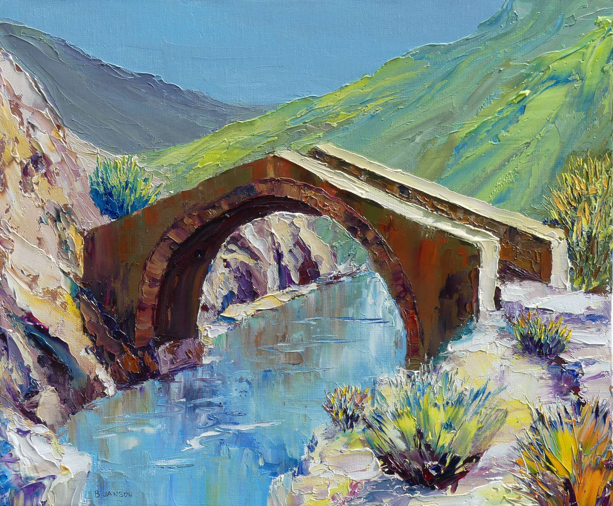 huile sur toile moderne au couteau un paysage de la corse avec un vieux pont de pierres