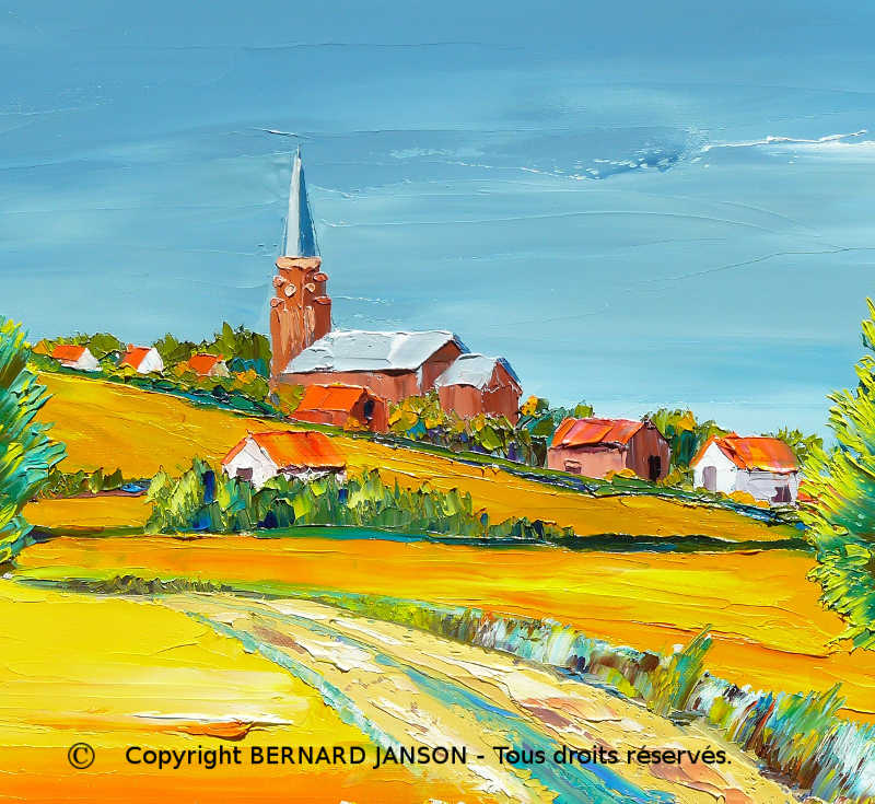 peinture au couteau paysage de la campagne le village de Mons en pévèle aux champs de blé