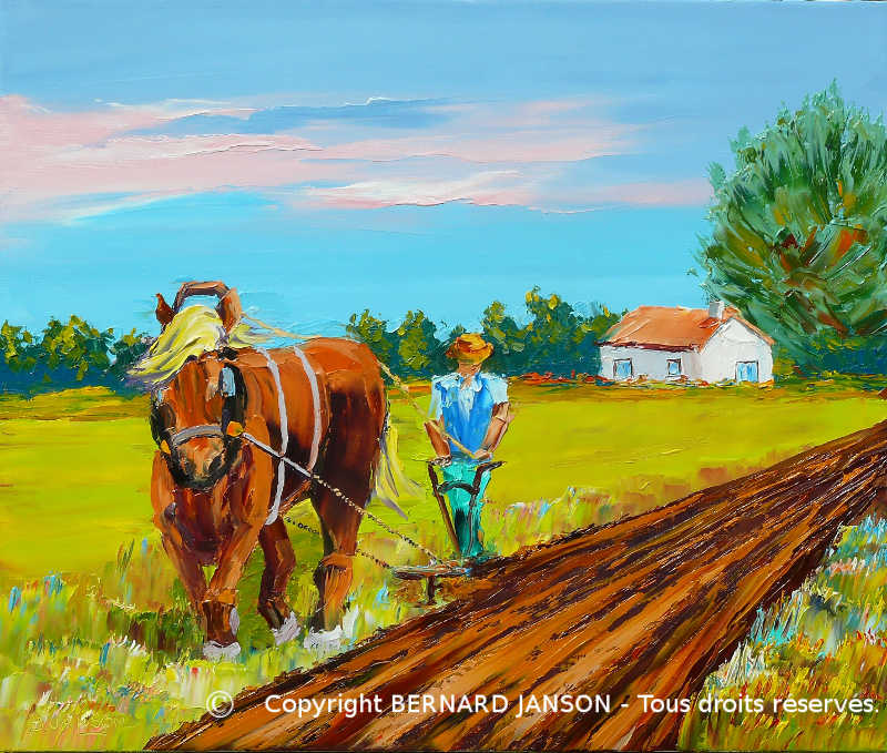 peinture au couteau; scène de la vie rurale; labours traditionnels avec un cheval de trait dans un paysage du nord
		de la France