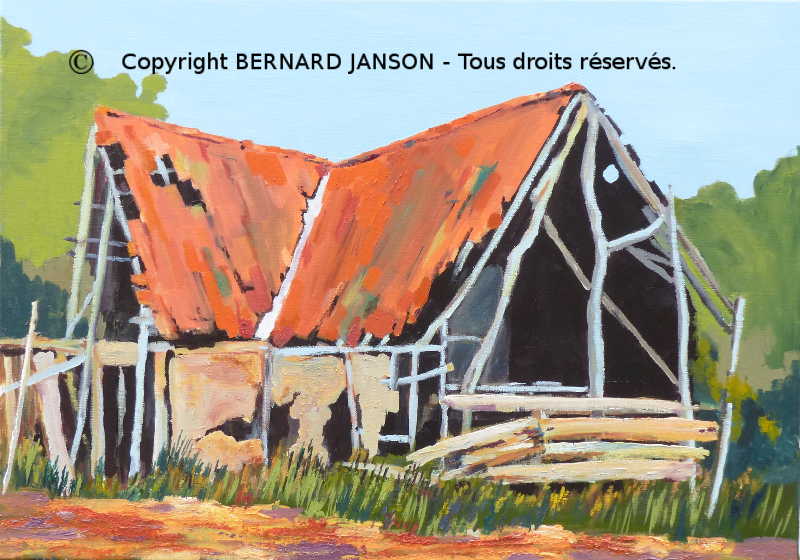 tableau peinture acrylique; maison en ruine dans la  campagne verdoyante avec un mur en partie écroulé