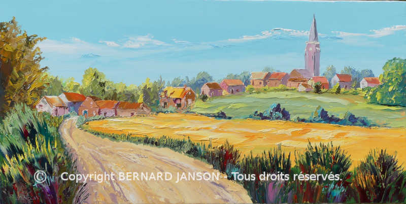 peinture au couteau paysage de la campagne un chemin vers le village de Mons en pévèle dans le nord de la France