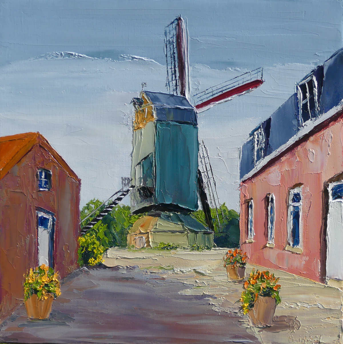 huile sur toile moderne au couteau représentant le joli moulin à vent de Boeschepe