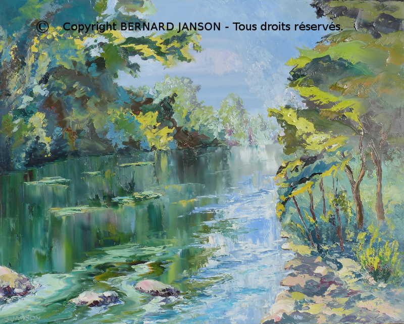 le calme d'une rivière avec le reflet des frondaisons et des rochers; peinture au couteau