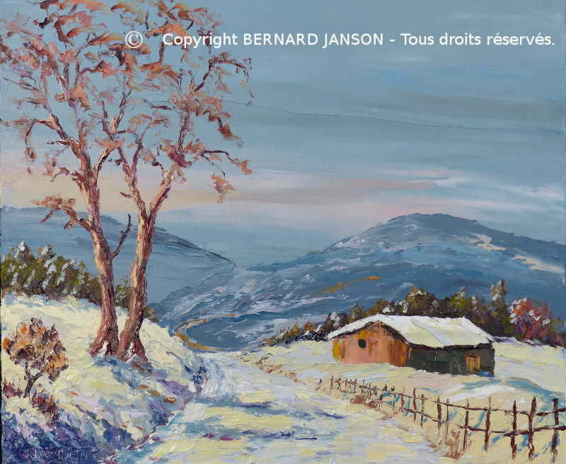 tableau sur la campagne peint au couteau; paysage d'hiver avec de la neige et une petite maison
